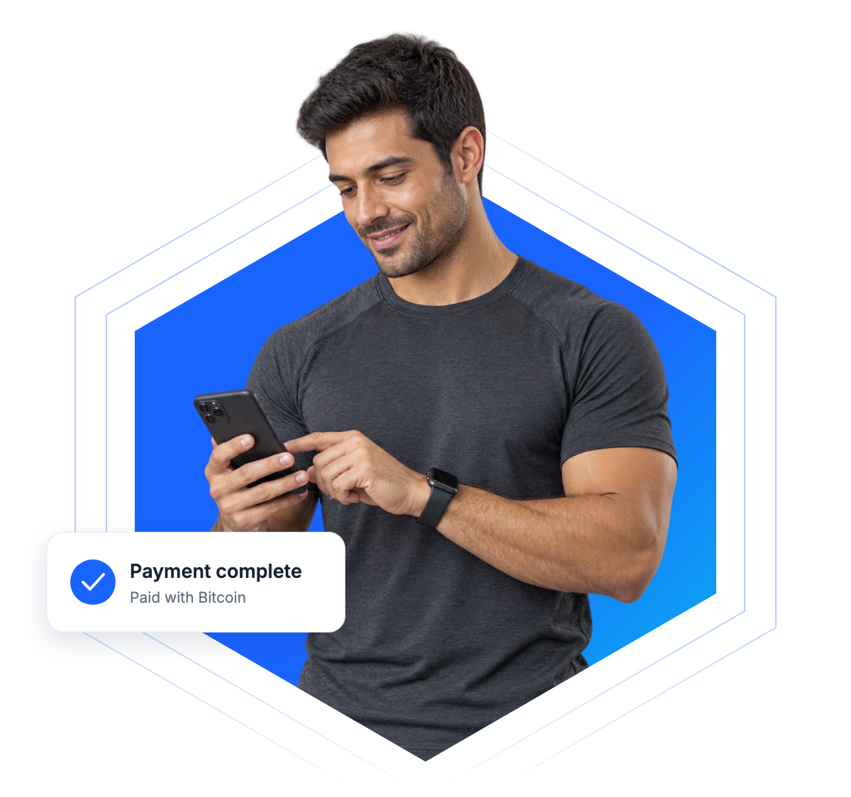 Customer using a phone with a payment confirmation reading Paid with Bitcoin