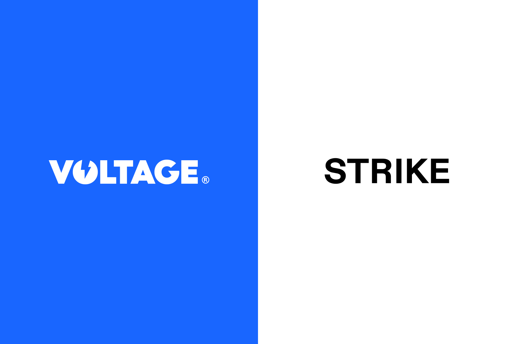 Voltage and Strike side by side: white Voltage logo on blue, black Strike logo on white.
