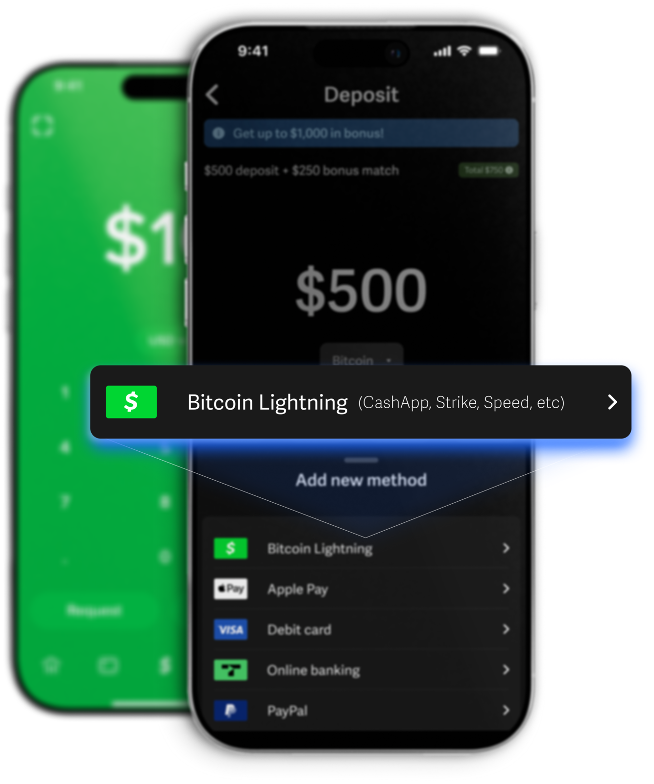 Cash App deposit screen highlighting Bitcoin Lightning as a payment method
