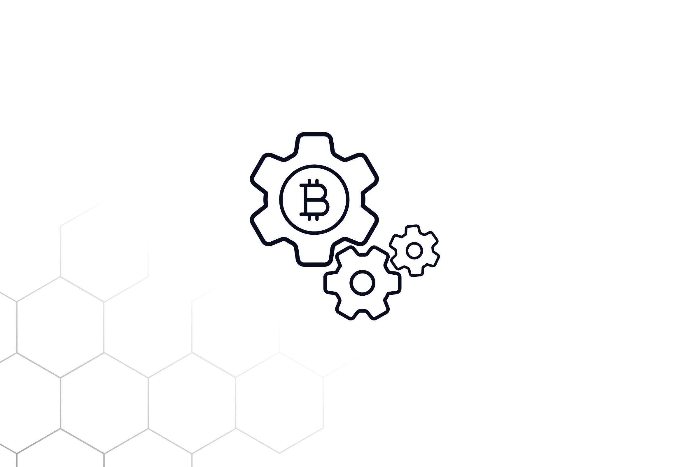 Line illustration of interlocking gears with a Bitcoin symbol at the centre, representing crypto payment infrastructure