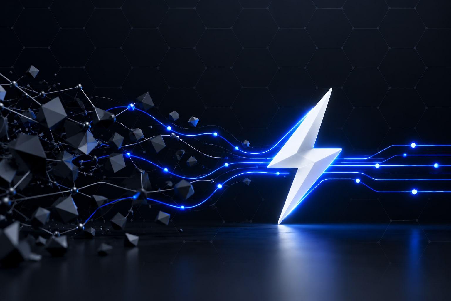 A white lightning bolt connects electric blue payment routes across a dark network.